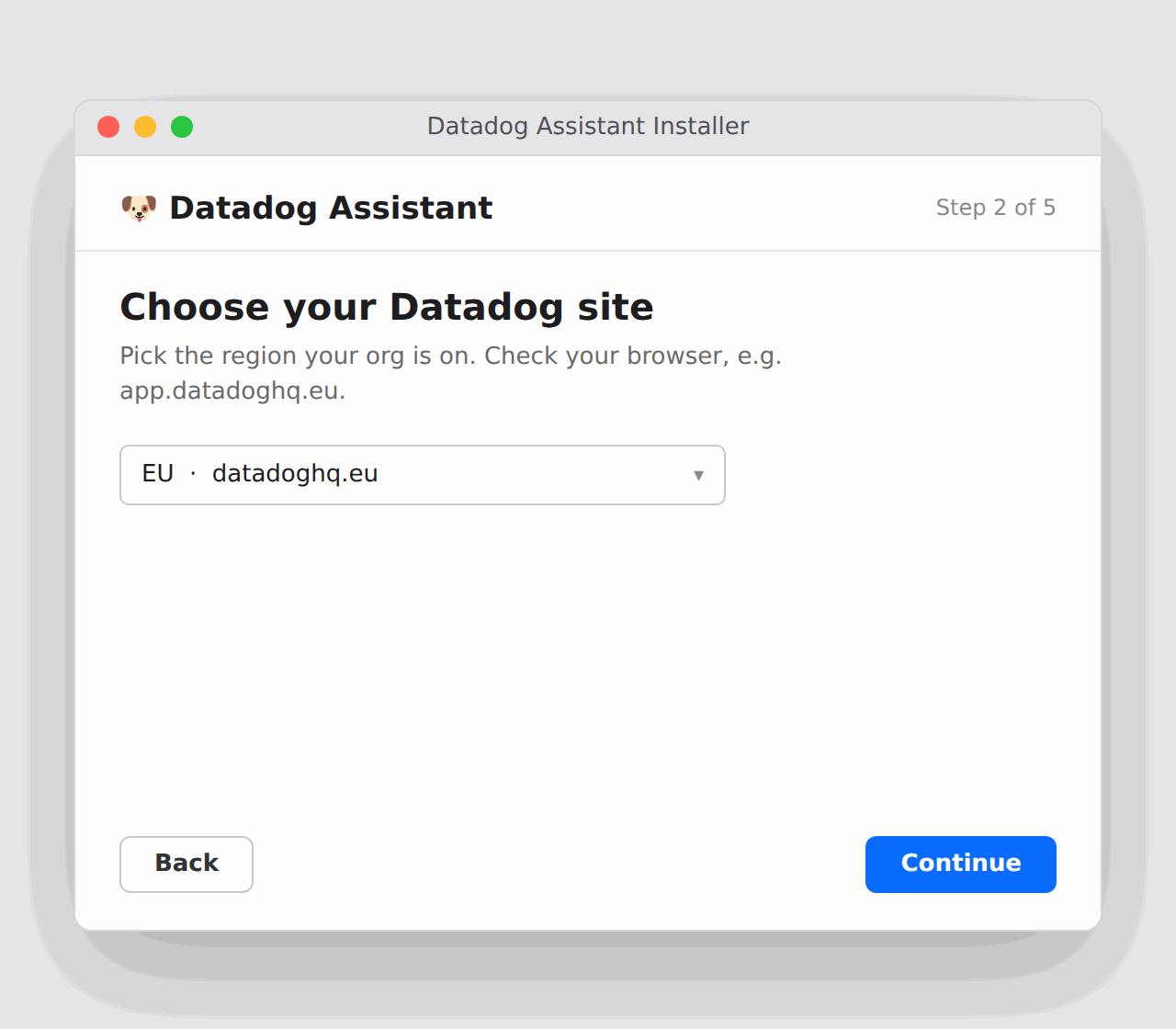 Installer choose your Datadog site step
