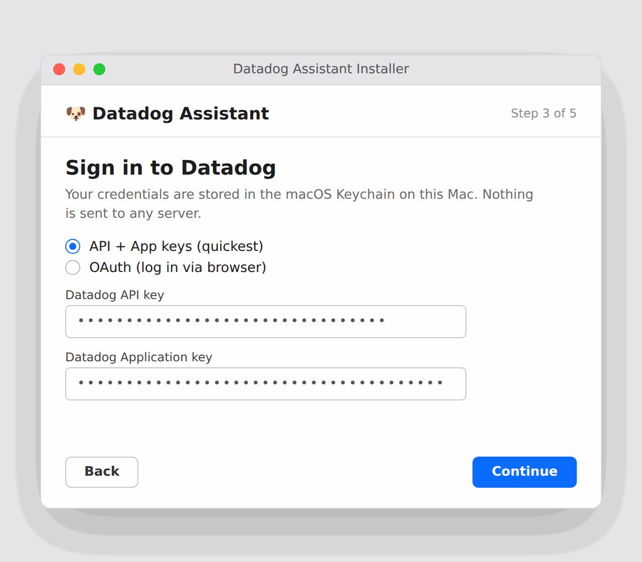 Installer sign in step with API and App key fields