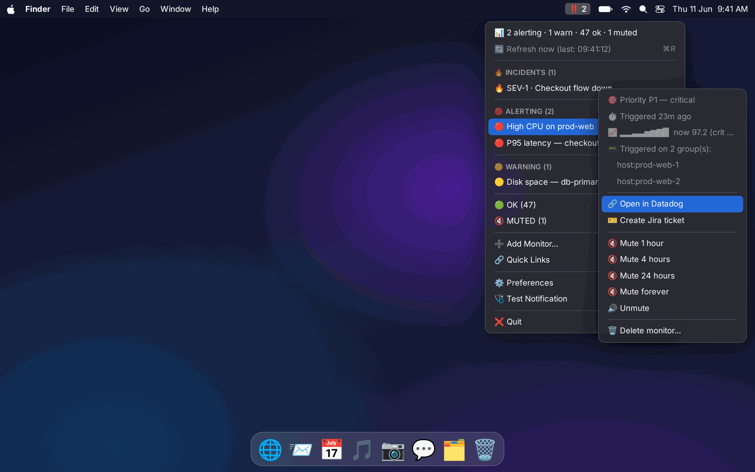 Datadog Assistant menu bar dropdown showing monitors grouped by state, with a monitor submenu