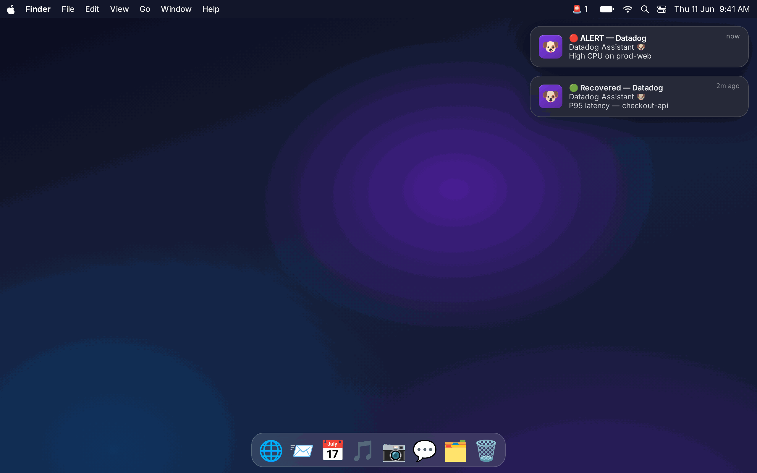 macOS notification banners for a Datadog alert and recovery