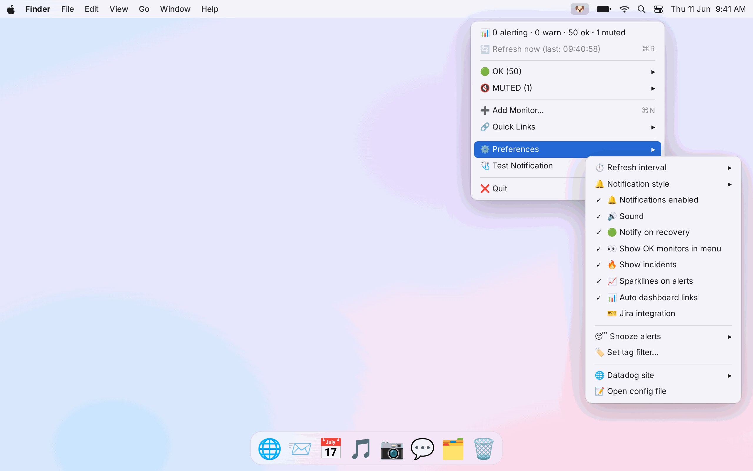 Preferences submenu with toggles